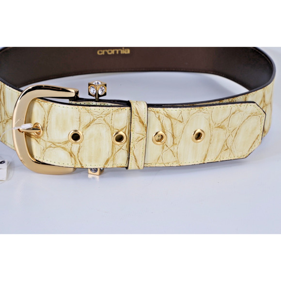 Wide Croc Embossed Leather Belt Size 46 Cream Gold Crystal Buckle main image 11